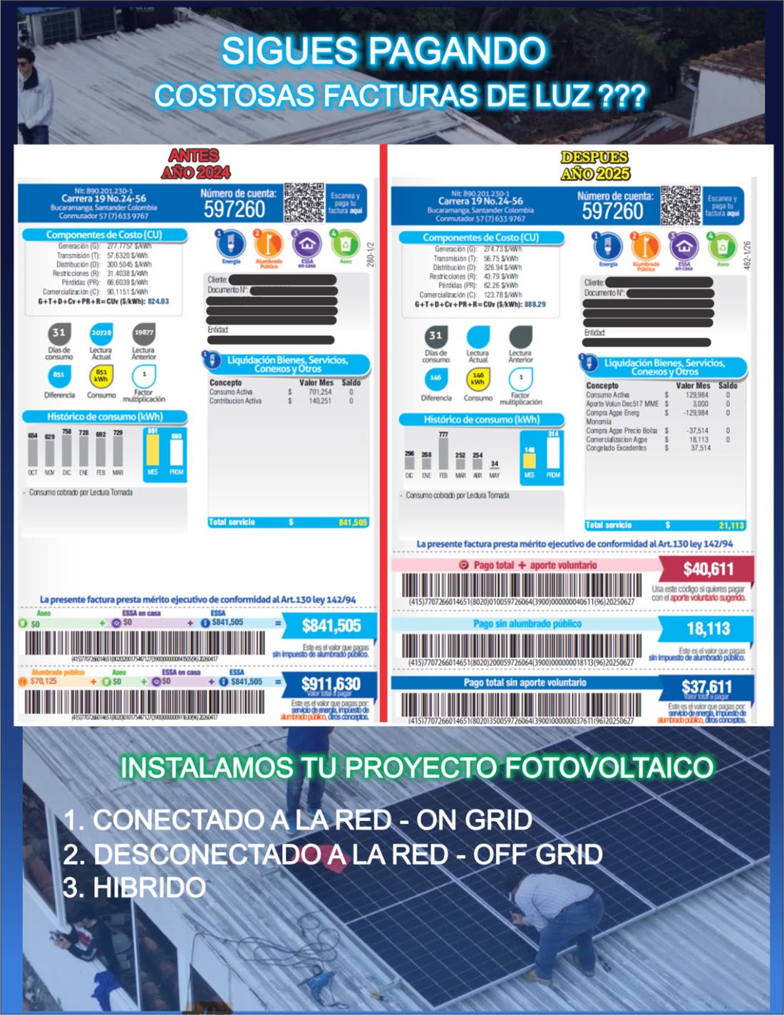 Factura de luz de ESSA en Bucaramanga antes (2024) y después (2025) de instalar paneles solares: de $911.630 a $40.611